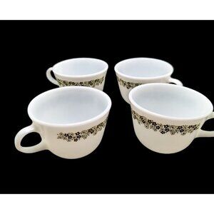 4 Vintage Pyrex Spring Blossom Crazy Daisy green  Milk Glass Tea Cups  Cottage C